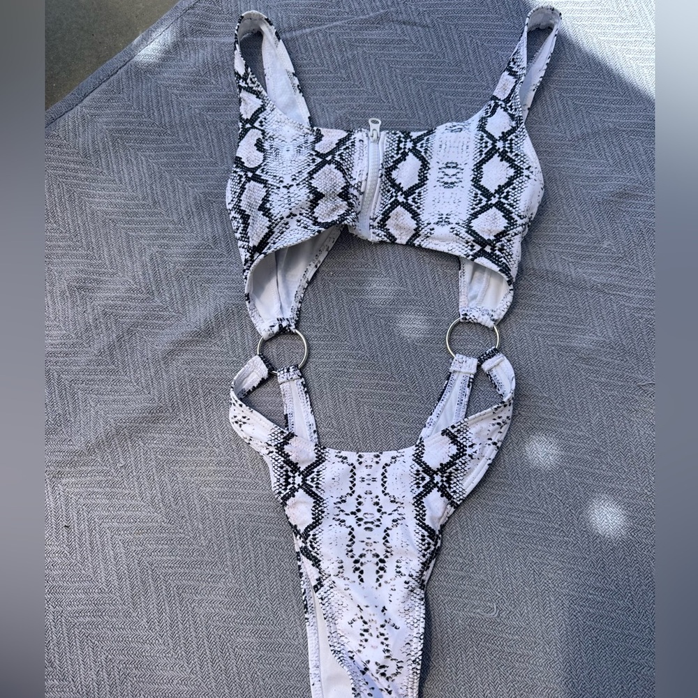White snakeskin cut out one piece swim suit